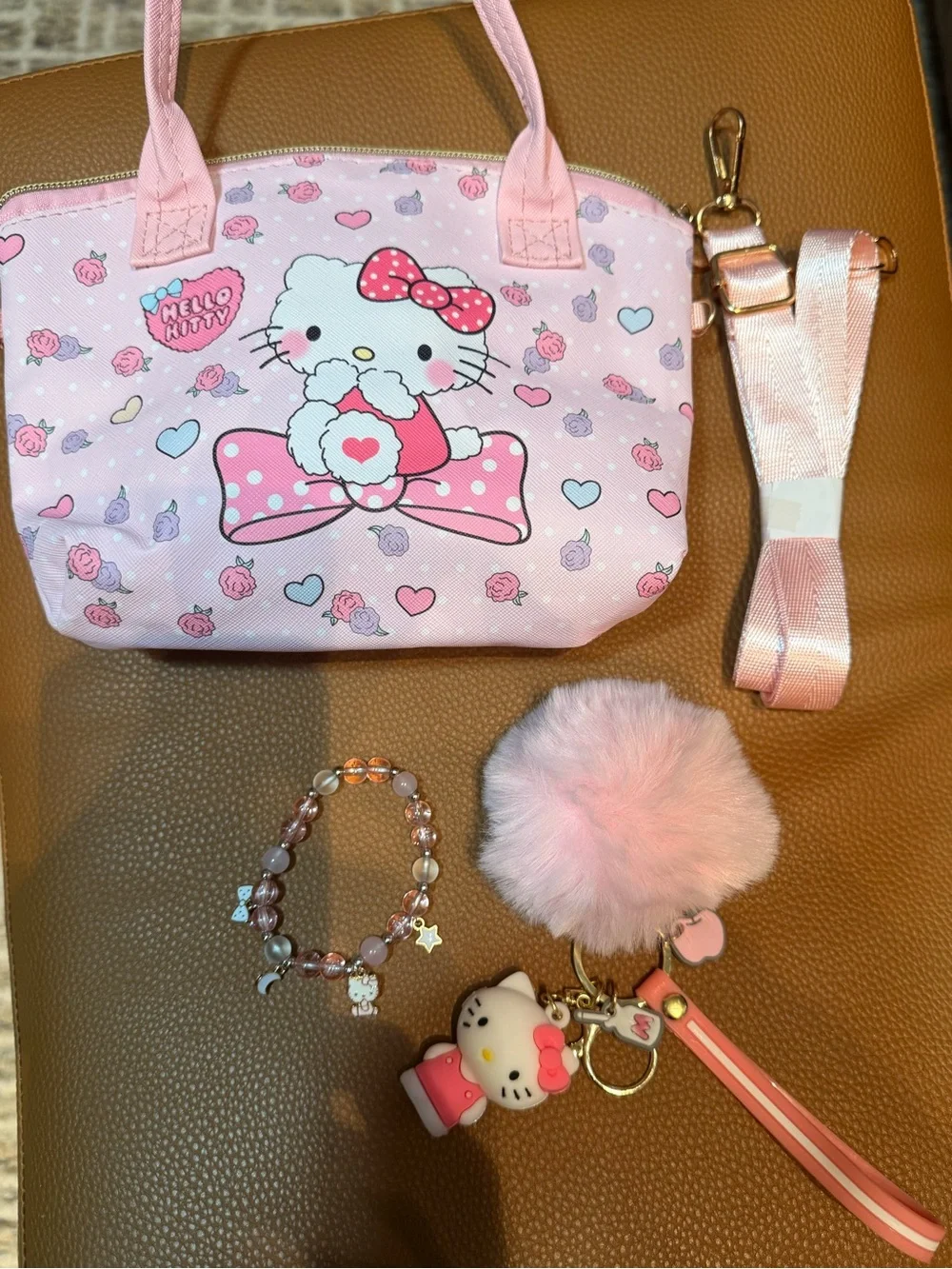 Hello Kitty Pink Crossbody Bag with Pom Pom Keychain Set and bracelet new